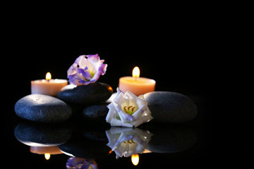 Obraz na płótnie Canvas Spa stones and candles on dark background
