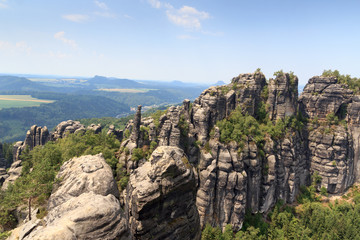 Panorama with Group of rocks Schrammsteine seen from viewing point in Saxon Switzerland