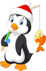 Fototapeta premium Cartoon penguin fishing isolated on white background 