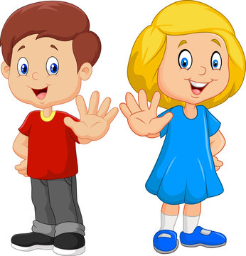Cartoon kids are showing a stop sign isolated on white background
