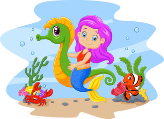 Cartoon cute mermaid riding seahorse accompanied by fish and crab
