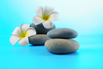 Obraz na płótnie Canvas Spa stones and flowers on blue background