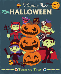 Vintage Halloween character poster design set with witch, vampire, skeleton, demon, owl