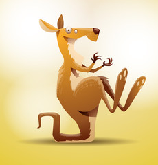 Vector funny kangaroo sitting on the tail. Image of a funny cartoon kangaroo light brown color sitting on the tail on a yellow background.