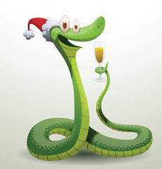 Vector Santa snake with a glass of champagne. Cartoon image of Santa-snake green color in the red hat sitting with a glass of champagne on a light background.