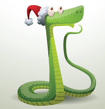 Vector Santa snake thought about something. Cartoon image of Santa-snake green color in the red hat thought about something on a light background.