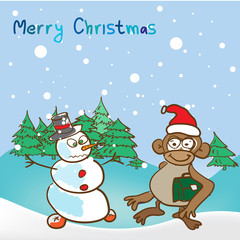 Background for a christmas theme with monkey and snowman 2016