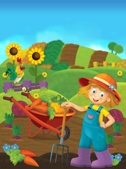 Cartoon farm scene with a farm girl - illustration for the children