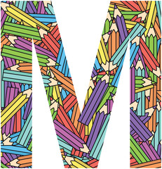 Letter M on color crayons background