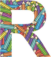 Letter R on color crayons background
