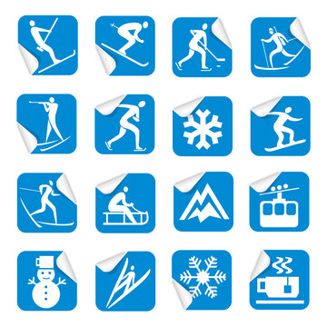 Stickers with winter sport icons.
Set of blue  Square Stickers with winter sport symbols. Vector  available.
