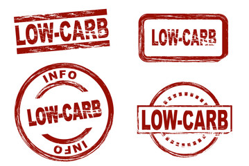 Set of stylized red stamps showing the term low-carb. All on white background.
