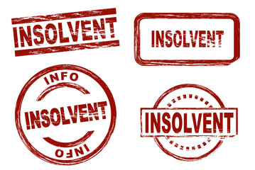 Set of stylized red stamps showing the term insolvent. All on white background.