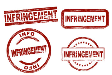 Set of stylized red stamps showing the term infringement. All on white background.