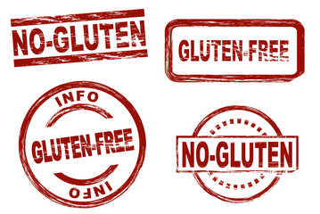 Set of stylized red stamps showing the term gluten-free. All on white background.