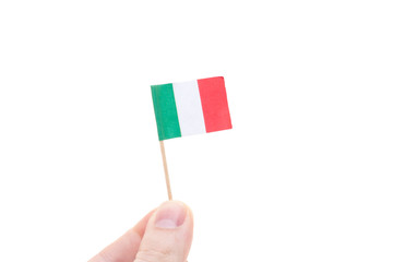 Hand holding italian flag. All on white background