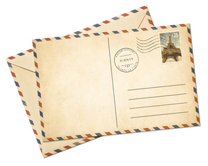 Old par avion postcard and envelope isolated