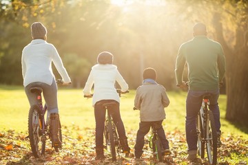 Rear view of a young family doing a bike ride