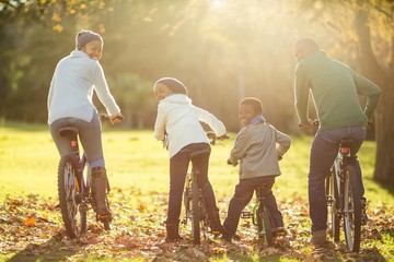 Rear view of a young family doing a bike ride