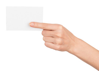 Humans hand pointing at blank card