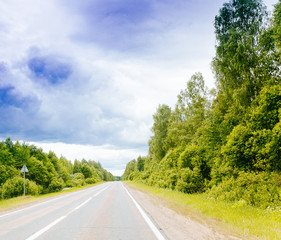 Fototapeta premium Spring summer background road in green forest scenery lanscape