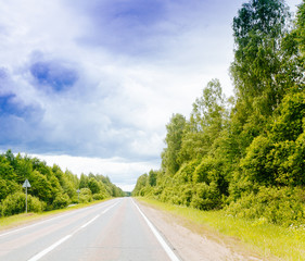 Spring summer background  road in green forest scenery lanscape