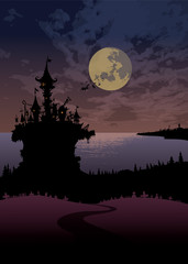 Halloween night scene landscape.Spooky castle on the lake shore under the full moon. Halloween card vector illustration