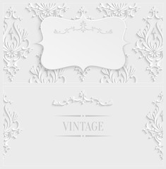 Vector White 3d Vintage Invitation Card with Floral Damask Pattern