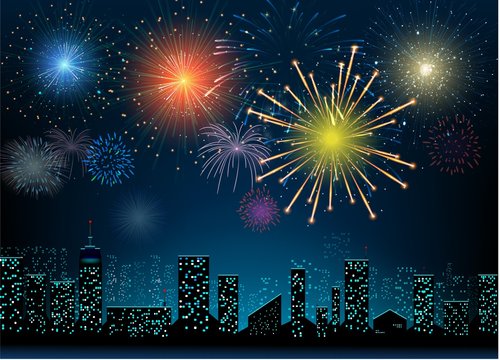 Urban at night with colorful firework background