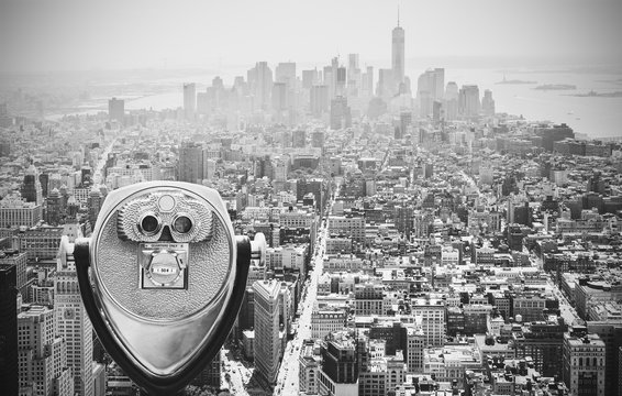 Black and white toned binoculars over Manhattan, NYC.