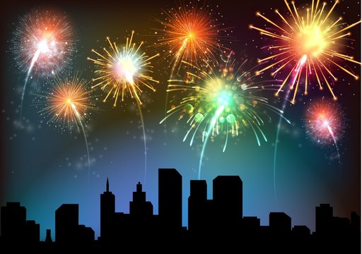 silhouette urban at night with colorful firework background