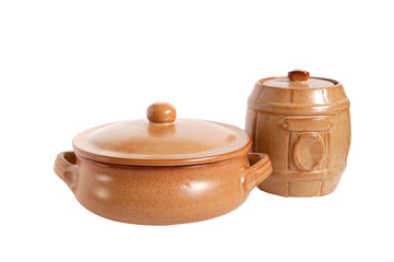 Ceramic ware pan and barrel photographed against a white background