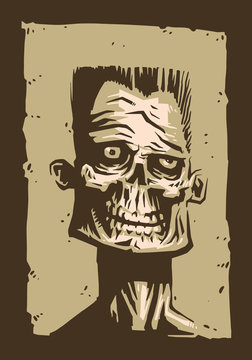 Vector zombie face brown. Image of the face zombie in a brown tone on a white background. It looks like a portrait.