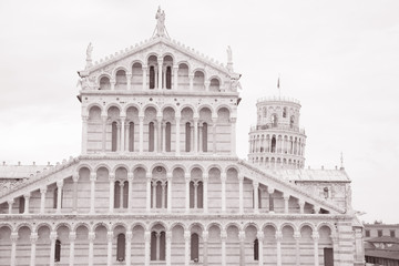 Naklejka premium Leaning Tower and Facade of Cathedral Church in Pisa; Italy