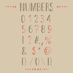 Hand drawn numbers with most common keystrokes, question marks, points, commas, brackets, stars, etc.