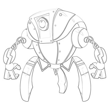 Illustration: Coloring Book Series: Robot. Soft thin line. Print it and bring it to Life with Color! Fantastic Outline / Sketch / Line Art Design.             