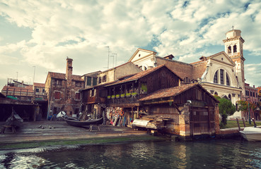 Workshop on repair of gondolas, Venice, toning in retrostyle