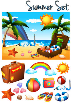 Summer theme with toys on the beach
