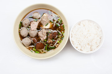 Thai noodle with beef pork and meatball on white background 