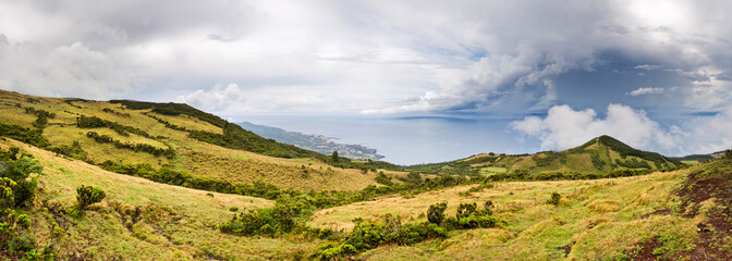 Fototapeta na wymiar Beautiful panorama of the hills in the landscape of the Azores