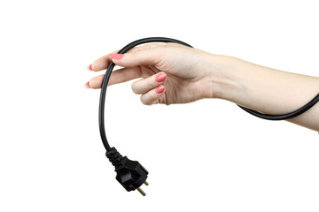short cord of charging in the hand of the girl isolated on white background