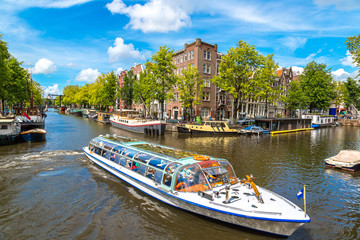 Amsterdam canals and  boats, Holland, Netherlands.