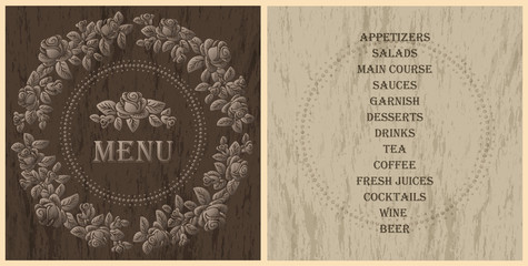 wood style decorated menu template - light brown roses vignette on the dark wood texture backgroundbackground