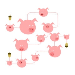Multiple pig faces illustration with acorns connected together on white background 