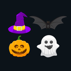 Set of icons for Halloween, pumpkin, ghost, witch hat and a bat