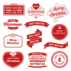 Collection of Red Christmas Labels, Ribbons and Ornaments