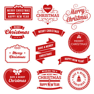 Collection of Red Christmas Labels, Ribbons and Ornaments