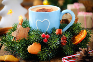 Obraz na płótnie Canvas Good morning concept - coffee with Christmas wreath