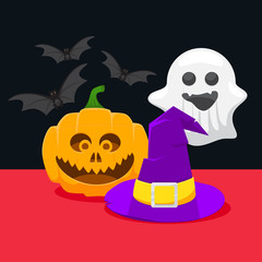 Set of icons for Halloween, pumpkin, ghost, witch hat and a bat