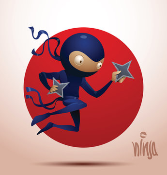 Vector image of ninja warrior in the traditional dark blue suit which stiffened in the jump with shuriken on the background of the red circle on a light background, symbolizing the flag of Japan. 